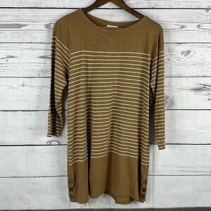 J Jill Top Shirt Womens Medium Brown Striped Tunic Minimalist Casual Boxy Button